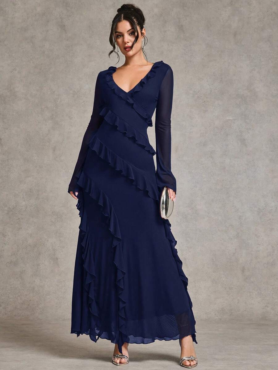 SHEIN BAE Váy maxi dài tay nhún bèo lãng mạn mùa thu, thanh lịch cho hẹn hò, du lịch, đồ lót mùa thu, thích hợp cho ngày lễ tình nhân, nơ, váy thanh lịch cho phụ nữ, váy ngày lễ, váy trang trọng cho phụ nữ, váy midi cho phụ nữ, váy mùa hè, lưới, tay áo mỏng, váy thường ngày, váy cưới cho phụ nữ, cong hơn, váy sinh nhật cỡ lớn, cong, váy dạ hội, mùa hè, mùa thu - Màu xanh hải quân - Xem 1