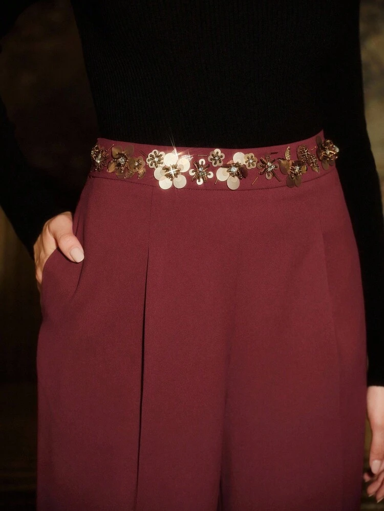 Luxury Beaded Straight-Leg Women's Trousers
