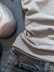 SHEIN EZwear Women's Casual Minimalist GRUNGE American Landscape Slogan Print Ruched Waist Off-Shoulder Tight Short Sleeve T-Shirt, Suitable For Summer, Y2K Asymmetric Shoulder Fitted Styling,Off The Shoulder Top