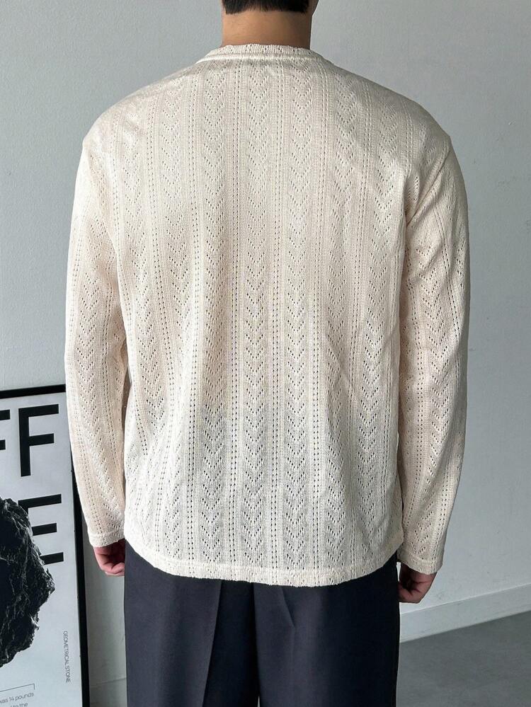 Men's Partial Placket Design Apricot Textured Fabric T-Shirt, Autumn