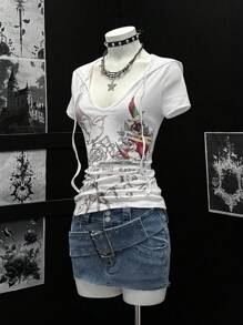 EgrlEra 女士玫瑰印花短袖连帽 T 恤 - 白色 - 查看 6