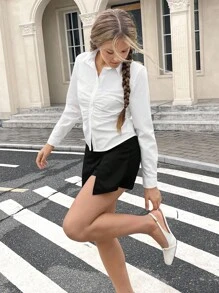 SHEIN Teen Girl Solid Ruched Button Front Shirt - White - View 5