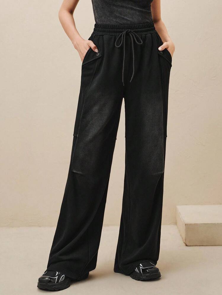 レディース オータム サンドウォッシュ ドローストリング カジュアル ルーズ ストレートレッグ ブラック スウェットパンツ