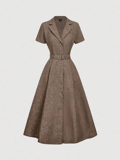 SHEIN MOD Women's Casual/Office Elegant Solid Color Lapel Collar Short Sleeve Single Breasted Shirtdress With Belt