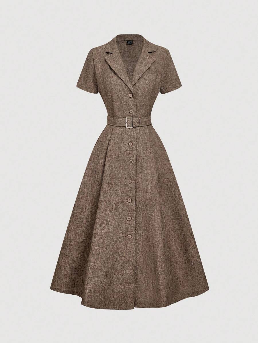 SHEIN MOD Váy sơ mi tay ngắn cổ ve lật màu trơn thanh lịch dành cho nữ, đơn giản/công sở, có thắt lưng - Lạc đà - Xem 1