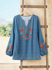 Rusticease Plus Size Women's Denim Effect Floral Print V-Neck Long Sleeve Shirt, Winter