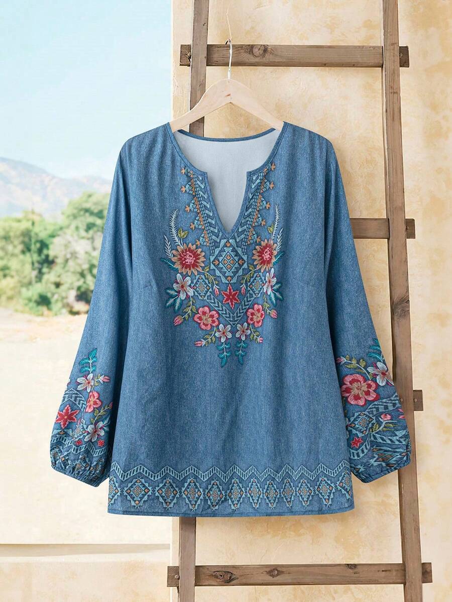 Rusticease Plus Size Women's Denim Effect Floral Print V-Neck Long Sleeve Shirt, Winter