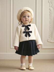 SHEIN 可爱杏色毛绒蝴蝶结装饰长袖夹克，适合女婴，百搭秋冬 - 杏色 - 查看 8