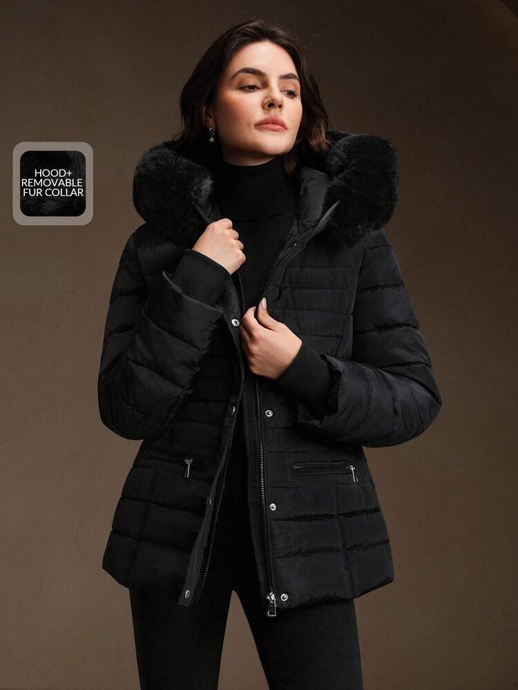 Abrigo acolchado de mujer con capucha, cuello esponjoso y cintura ceñida, ajuste delgado, adecuado para otoño, invierno, salir, elegante, chic, formal, Halloween