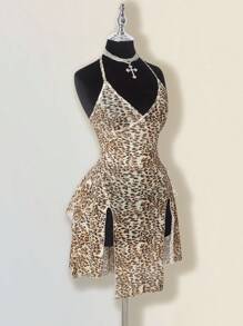 SHEIN ICON Vestido corto de mujer con tirantes finos y abertura, con estampado de leopardo