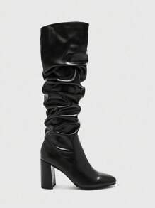 CUCCOO BIZCHIC New Lace-Up Buckle Thick Heel British Knight Motorcycle Mid-Calf Boots For Women - Black - View 2