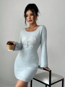 Elenzga Elegant Bow Sequin Decor Fitted Knit Dress Fall Winter Cloth For Women - Grey - View 4