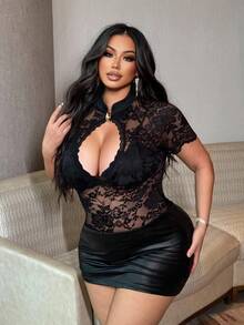 NU&NOW 大码女式短袖时尚性感镂空蕾丝T恤 - 黑色 - 查看 4