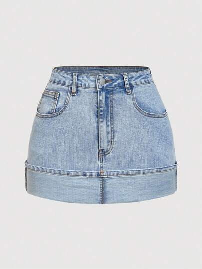 SHEIN MOD Women's Summer Casual Street Style Cuff Hem Denim Mini Skirt