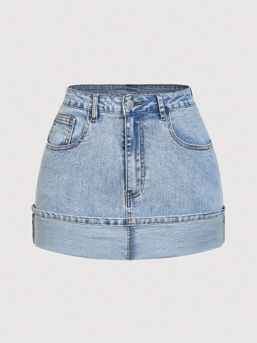 SHEIN MOD Váy mini denim hở gấu phong cách đường phố giản dị mùa hè cho nữ - Màu xanh lam - Xem 1