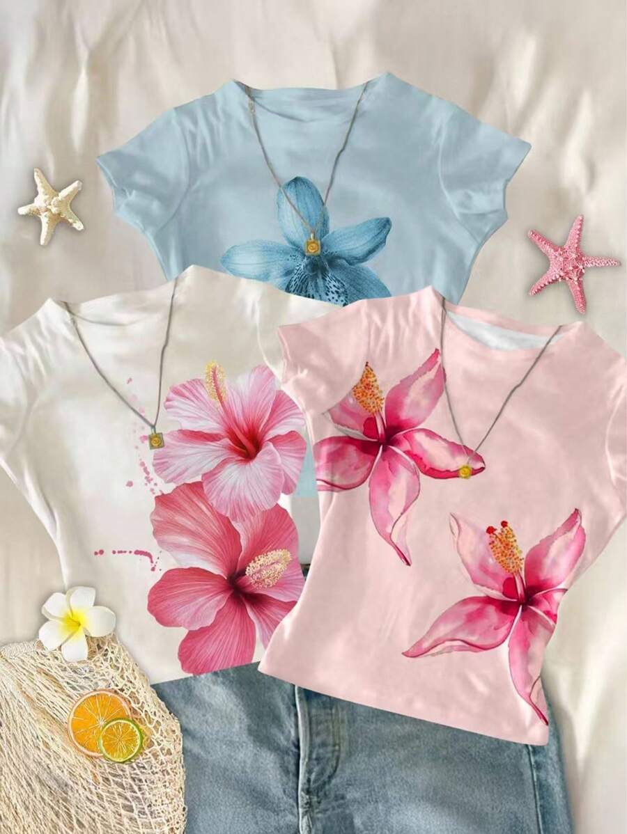 SHEIN 3 件套女童短款上衣，花卉印花百合和芙蓉图案 - 淺藍色 - 查看 1