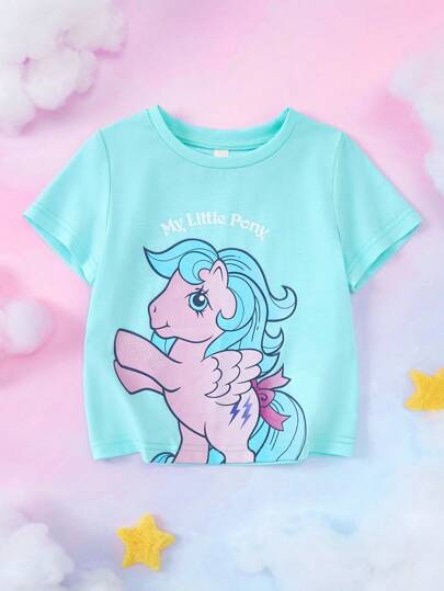 My Little Pony X SHEIN Camiseta de manga corta con cuello redondo y estampado de caballos de dibujos animados, casual y linda para niña en verano