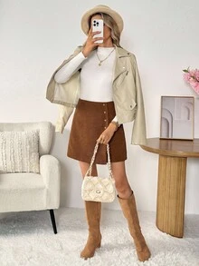 SHEIN LUNE 女式休闲纯色灯芯绒A字裙 - 棕色 - 查看 5