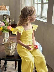 SHEIN X Scheana LMoss Kids Young Girl Woven Solid Color Ruffle Jumpsuit - Yellow - View 7