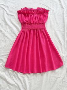 Soleia Solid Frill Trim Tie Front Tube Dress - Hot Pink - View 2
