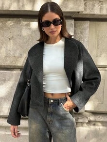 Aloruh Women's Elegant New Arrival Gray Lapel Short Coat, For Fall & Winter,Casual,Long Sleeve Jackets Women Autumn/Winter Coat - Grey - View 4