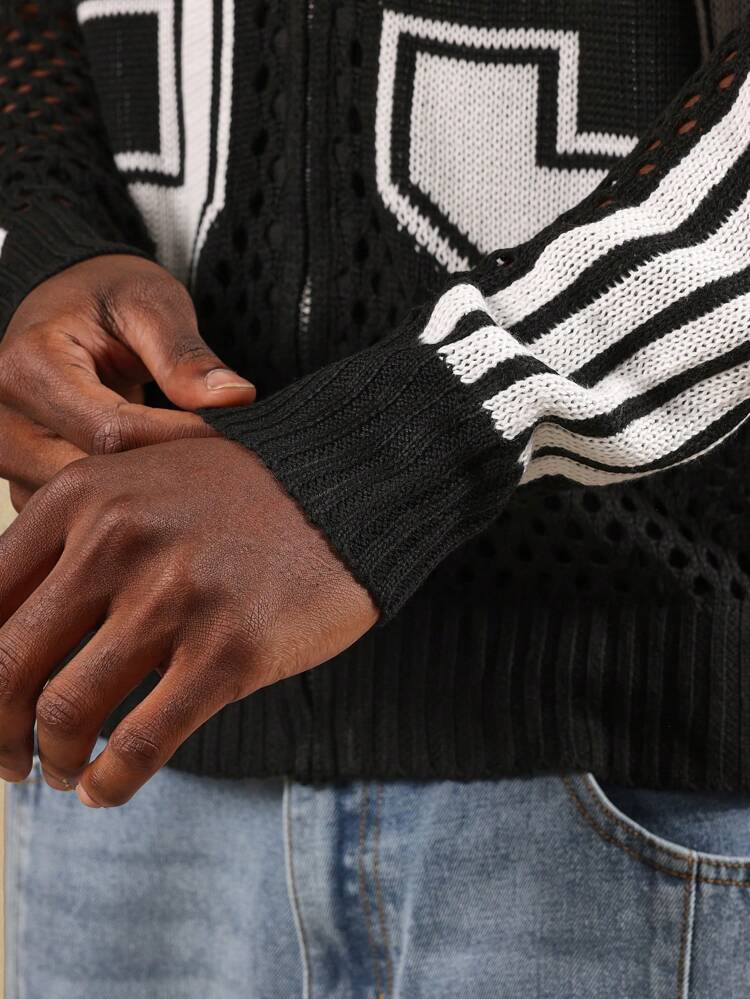 Mesh Knit Cardigan With Varsity Number Design