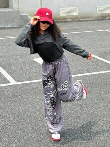 SHEIN Explorewe 青少年女孩街头酷儿童休闲青少年女孩春/秋连帽运动衫、印花图案针织背心和裤子三件套服装、时尚街头风格、街头服饰 - 黑色 - 查看 3