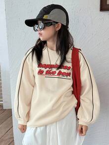 DAZY Tween Girls Crew Neck Thermal Lined Printed Sweatshirt, Fall - Beige - View 1