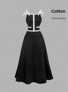 SHEIN MOD Women's Elegant Black And White Contrast Piping Bowknot Decor Waist Midi Slip Dress,Summer,Tea Party,Old Money Style,Business Professional Office Wear - Black and White - View 2