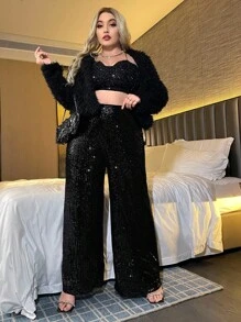 Firerie Plus High Waist Sequin Wide Leg Trousers - Black - View 11