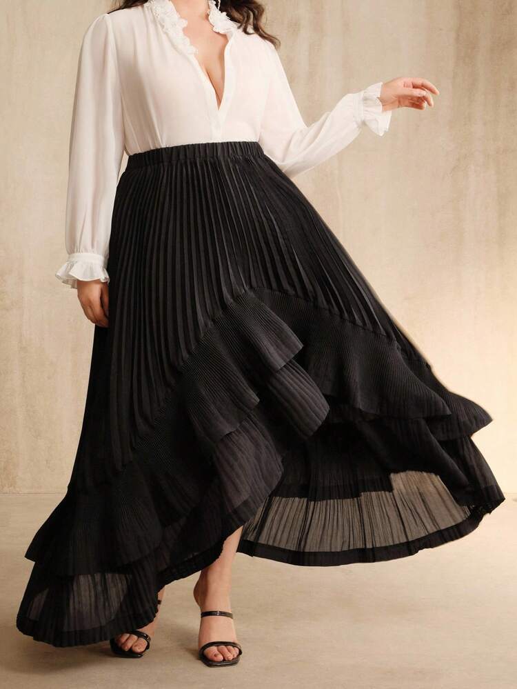 Plus Black Asymmetrical Pleated Hem Casual Maxi Skirt, Elegant Autumn