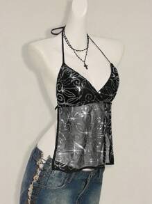 SHEIN ICON Women's Y2K Sexy Sequin Mesh Backless Halter Neck Top Sequin Tank Top Clubbing Tops - Black - View 6
