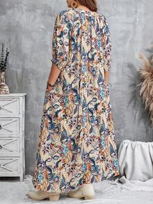 EMERY ROSE Plus Size Casual Vacation All-Over Print Notched Neck Dress Autumn, Fall Women's Dress Plus Size Boho Dress Plus Size Paisley Dress - Apricot - View 2