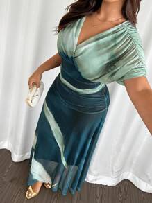 Firerie 大码优雅度假扎染褶饰 V 领松紧腰飘逸连衣裙，舒适休闲，春夏 - 彩色 - 查看 3