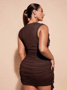 SHEIN BAE 大码女式优雅度假音乐节百搭扎染亮色荷叶边修身迷你连衣裙/海滩度假/夏装/母亲节/妈妈/母亲/妈妈/母亲节/妈妈/妈妈/母亲节礼物，女士生日礼服 - 咖啡棕 - 查看 2