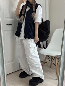 FRIFUL Veste sans manches décontractée pour femmes avec fermeture éclair et volant à l'ourlet, couleur unie