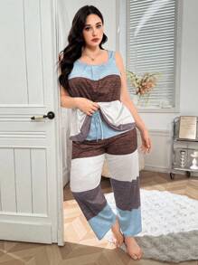 SHEIN 大码多色条纹印花背心和裤子休闲家居服睡衣套装 - 彩色 - 查看 3