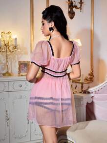 FairyFlirt Charming Princess Contrast Color Mesh & Lace Layered Women Pajama Set - Pink - View 2