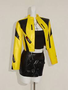 SHEIN ICON 女士秋冬街头时尚机车风黄色和黑色撞色宽松短款黄色夹克 Y2k 赛车女式摩托车 - 黃色 - 查看 1