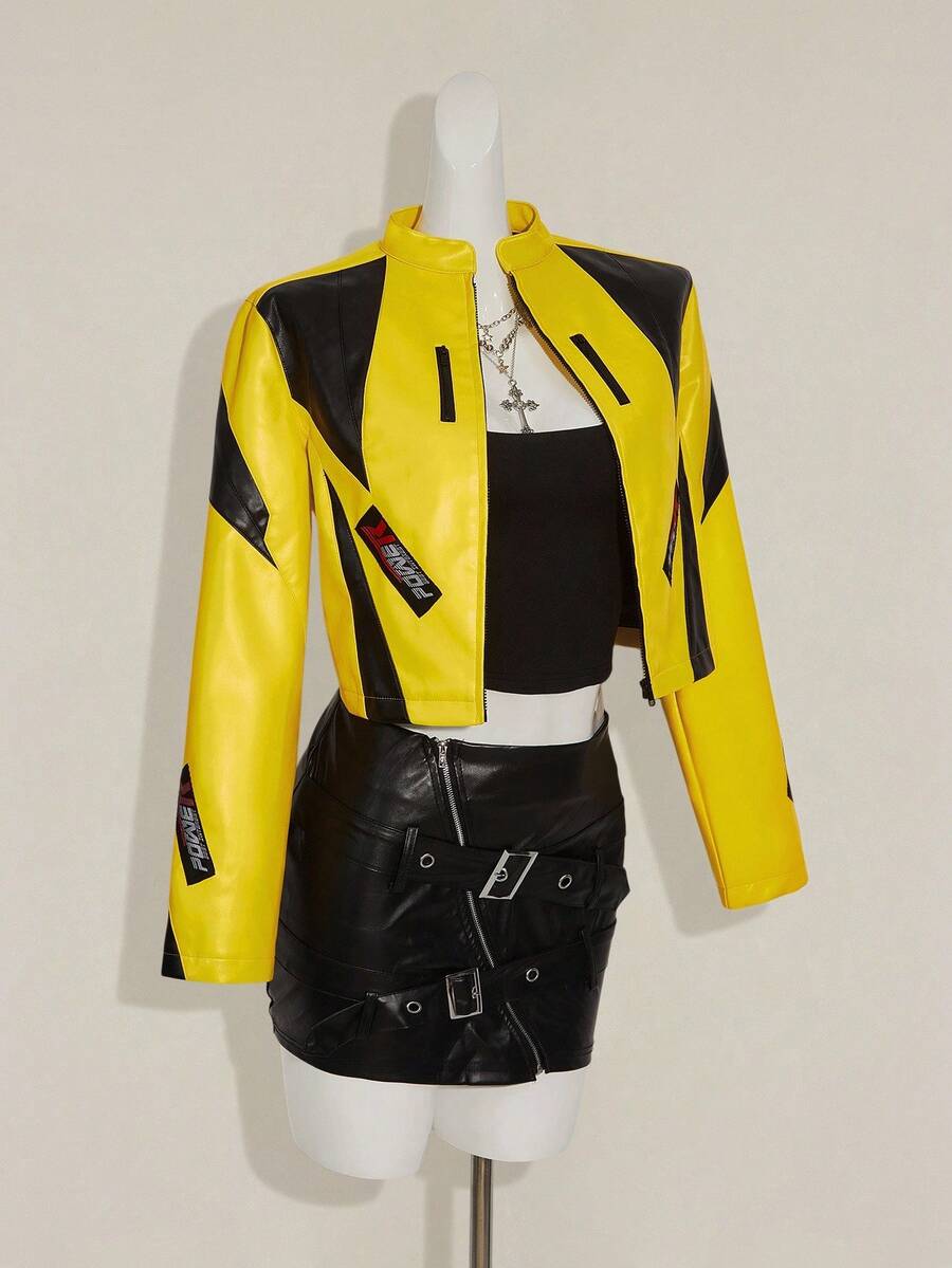 SHEIN ICON 女士秋冬街头时尚机车风黄色和黑色撞色宽松短款黄色夹克 Y2k 赛车女式摩托车 - 黃色 - 查看 1