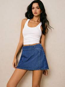 Poéselle 女式高腰侧拉链休闲牛仔短裙 - 深色水洗藍 - 查看 4