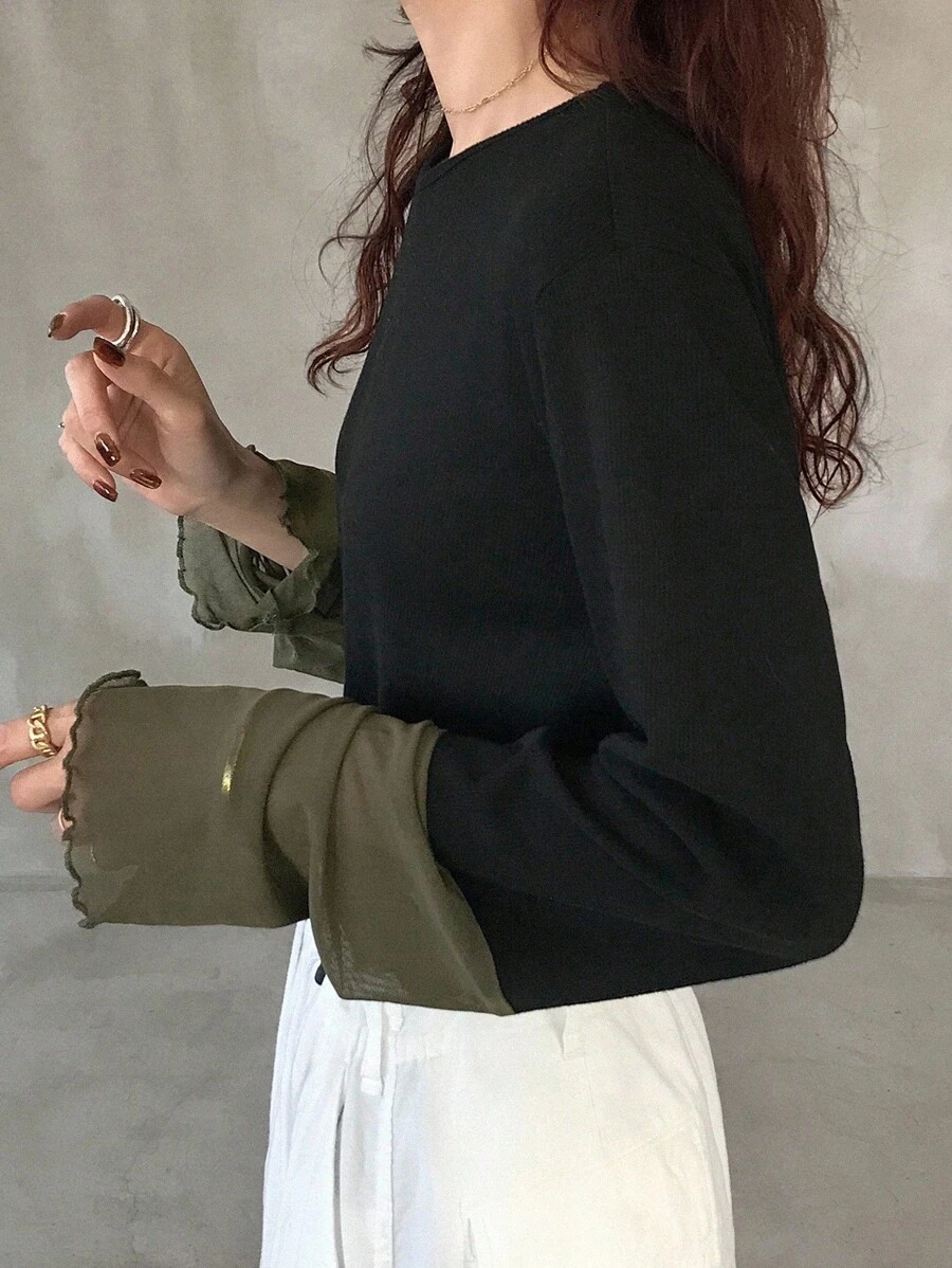 FRIFUL 女士圆领插肩拼接撞色拼接透明面料长袖宽松休闲套头衫，适合秋季