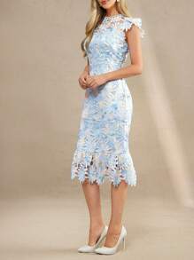 Amorya Women's Fashionable & Elegant Waist Cinched Slimming High-End Water Soluble Embroidered Midi Dress, Suitable For Parties, Gatherings, Multi-Occasion Wear Old Money Style Teacher Outfits For Women Teacher Outfits Wedding Guest Dress Women Baby Blue Lace Dress Floral Midi Dress Cocktail Dress Women Lace Dress Blue Floral Lace Dress Midi Cocktail Dress Fishtail Midi Dress Summer Wedding Guest Dress