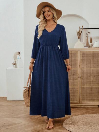 Women's Vacation Casual Solid Color V-Neck Long Sleeve Dress Navy Blue Maxi  Dress Long Sleeve