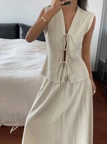 女士休闲通勤纯色系带吊带背心和半身裙两件套家居服套装 - 杏色 - 查看 6