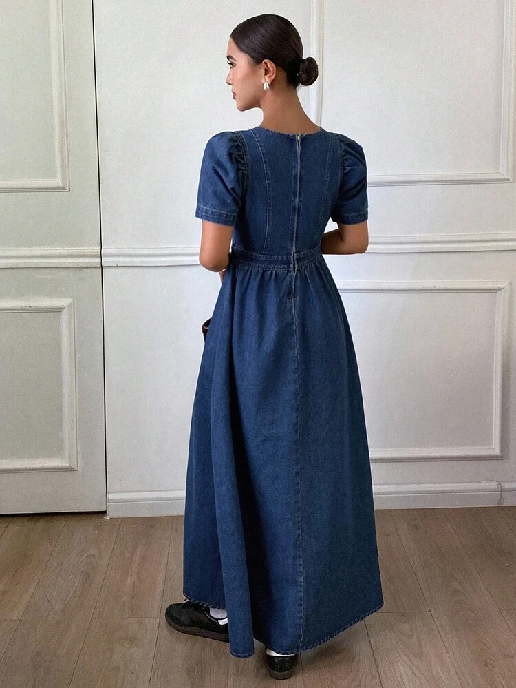Women's Square Neck Solid Color Puff Sleeve Pleated Denim Dress