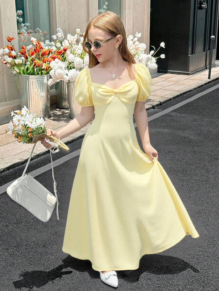 SHEIN 女童浅蓝色格子方领泡泡袖收腰A字长款短袖连衣裙