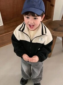 DAZY Baby Boy Letter & Lamb Wool Patchwork Contrast Color Long Sleeve Jacket Thermal Lined,Winter