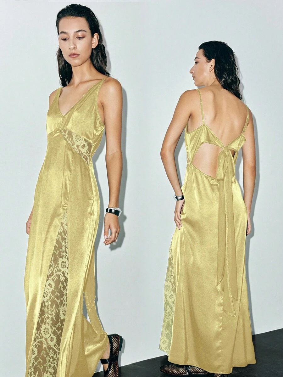 Lumivelle Vestido con tirantes finos, encaje y parches, con nudo en la espalda, vestido de verano para la universidad - Amarillo - Ver 1