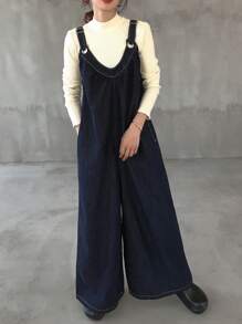 FRIFUL 女士休闲通勤阔腿牛仔连体裤女士工装裤牛仔工装裤背带裤阔腿工装裤牛仔连体裤 - 黑色 - 查看 3